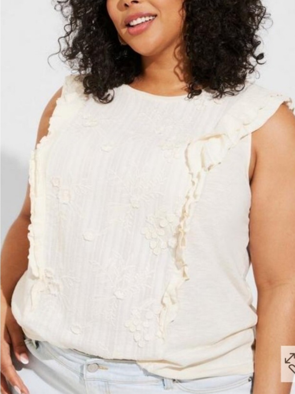 torrid Cream Embroidered Ruffle Sleeveless Tank